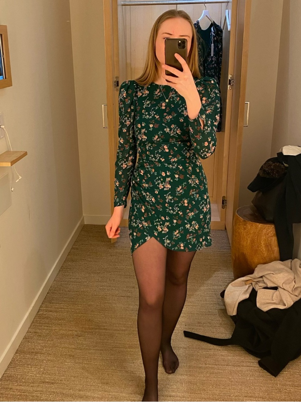 Reformation Juni Green Floral Long-Sleeve Mini Dress